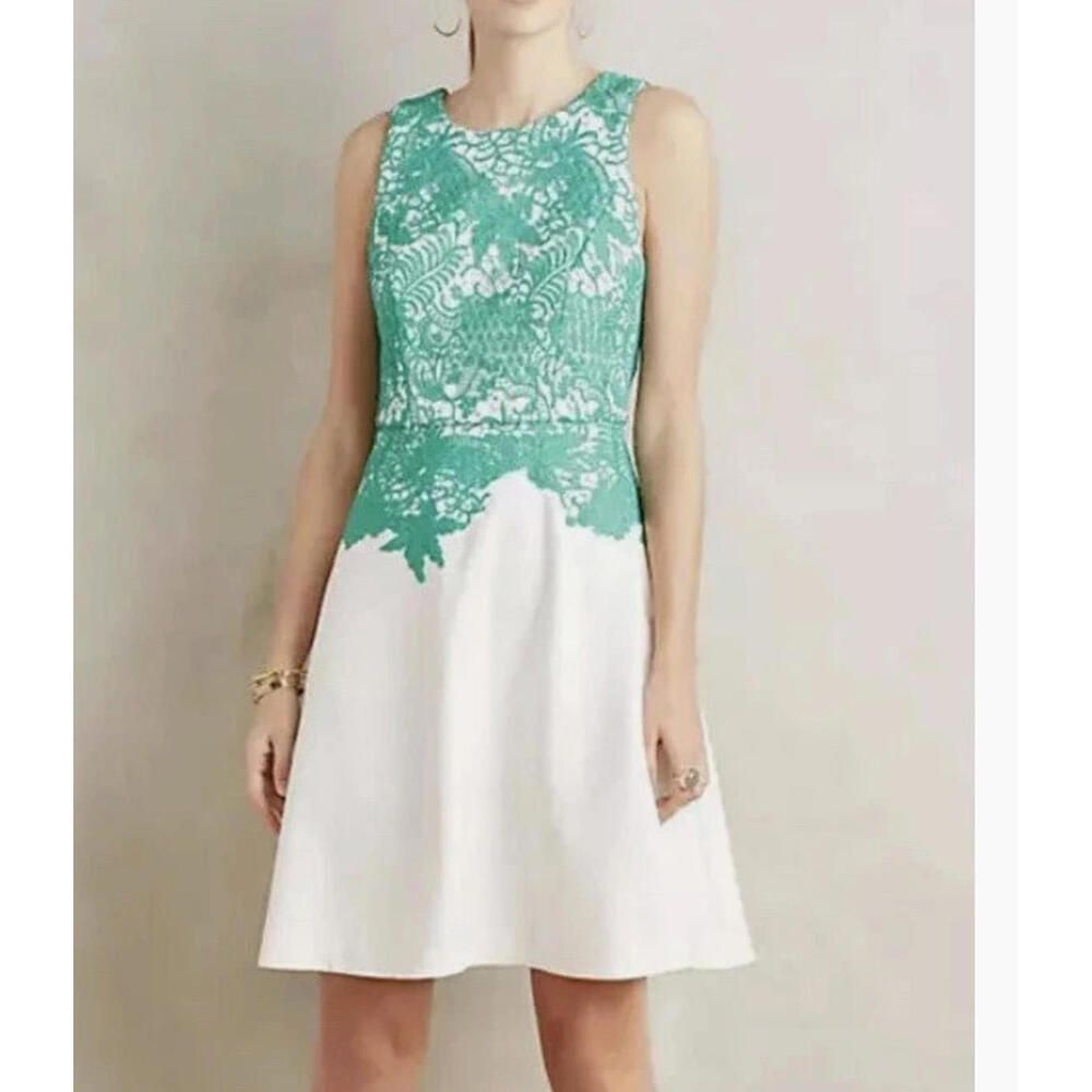 Moulinette Soeurs Anthropologie Arbor White Green Lace Overlay Dress Sz 14
